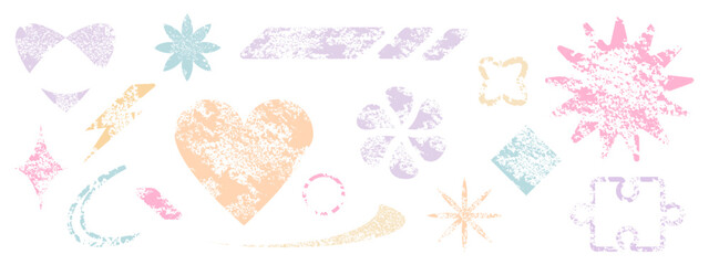 Grunge textured stamps set in pastel colors - hearts, flowers, stars, lightning bolts and abstract shapes. Retro design elements with noise effect, distressed texture. Trendy y2k style vector.
