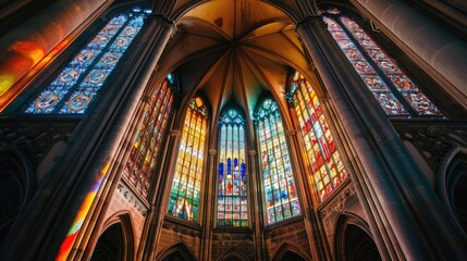 Naklejka premium Illuminated Stained Glass Windows in a Majestic Cathedral