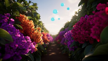 Vibrant Floral Vista Path through Field of Blooms with Light Orbs Nature Scenery Tranquil Walkway