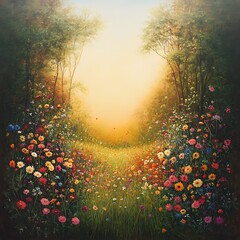 Vibrant Flower Meadow Pathway Illuminating the Forest Landscape Nature Art Floral Beauty Serenity