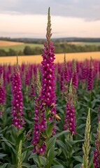Vibrant Purple Flowers Dominate Field Landscape at Sunset Attracting Bees for Pollination Delight