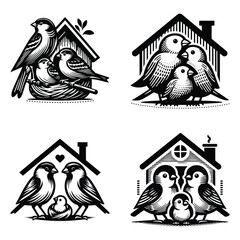 House Finch bird family home vector silhouette clipart illustration black & white