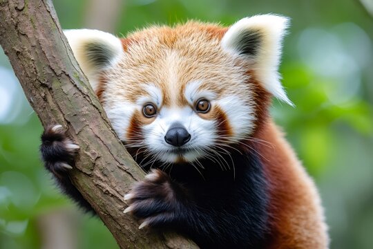 Adorable red panda clinging to a tree branch in the forest
