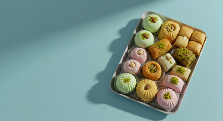 Assorted Colorful Pastries On Light Blue Tray