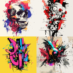 Bold abstract skulls and graffiti-inspired artworks in colorful street art style. Perfect for urban designs, album covers, apparel prints, posters, or modern edgy illustrations.

