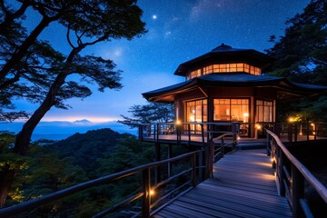 Fototapeta premium Japanese tea house illuminating the night under starry sky