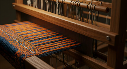 Close Up Wooden Loom Weaving Orange And Blue Striped Fabric