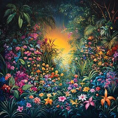 Vivid Jungle Floral Extravaganza with Tropical Sunlight Cascading Through Exotic Foliage Display