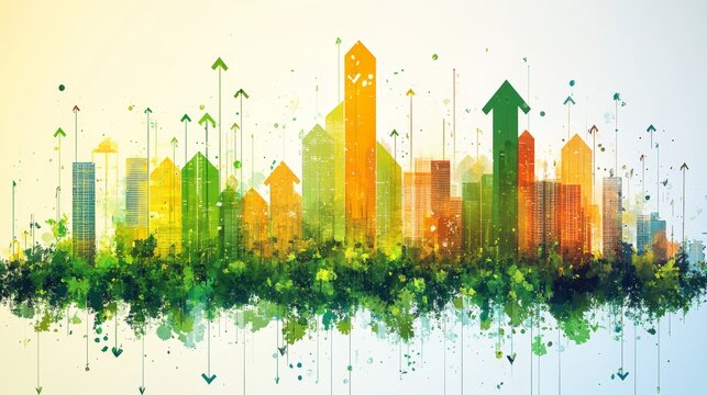 City skyline with upward green arrows symbolizing growth sustainability and positive future development concept