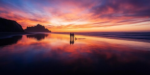 Obraz premium Couple walking on a beach at sunset, reflected in the water.