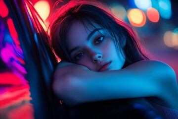 Naklejka premium Pensive young woman leaning against a surface at night, illuminated by colorful lights.