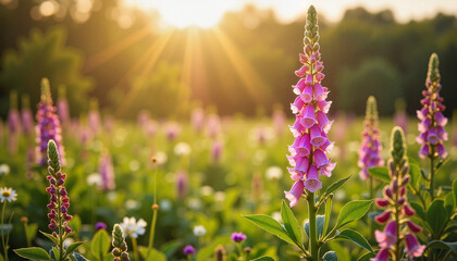 Obraz premium Blooming foxglove field at sunset, nature's beauty