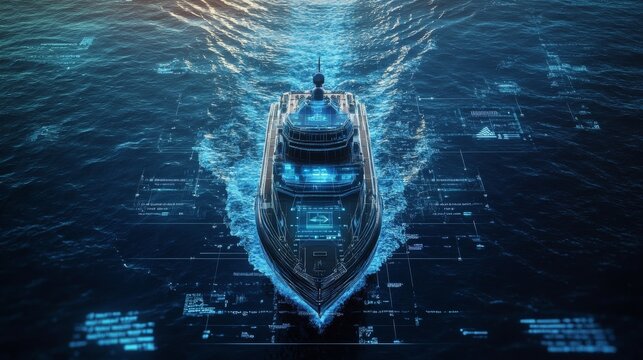 An AI powered autonomous ship navigating the open ocean, equipped with advanced weather monitoring systems, glowing navigation interface
