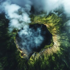 Volcanic Crater with Clouds Overhead Aerial View Geological Formation Natural Wonder Calming Scenery