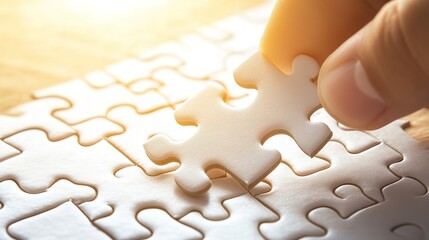 The final piece, a hand carefully placing the last puzzle element, completing a complex challenge under warm, soft lighting.