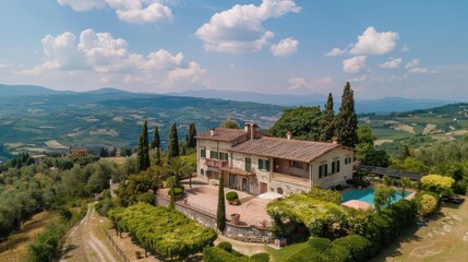Fototapeta premium Stunning Aerial View of a Charming Tuscan Villa Surrounded by Lush Landscapes