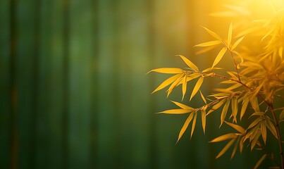 Warm Bamboo Branch Illuminated by Sunrise Glow Tranquil Asian Inspired Natural Scenery Serenity