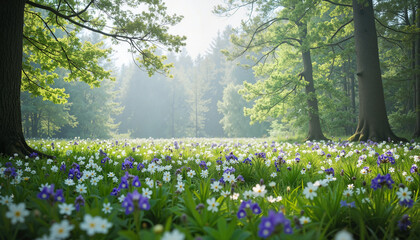 Fototapeta premium Blooming violet field in misty forest, natural tranquility