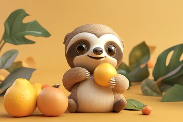 Adorable 3D cartoon sloth holding a mango among tropical fruits and leaves.