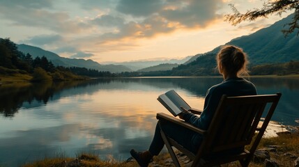 Fototapeta premium Woman reading book by calm lake at sunset, mountains in background.