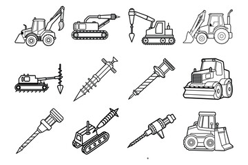 Set of horizontal directional drill machine line art vector icon illustration on white background.