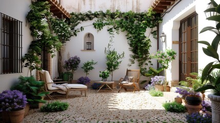 Fototapeta premium Tranquil Courtyard Oasis with Lush Greenery and Cozy Seating
