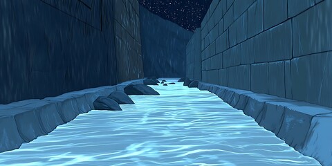 Waterway Between High Walls at Night Under a Starry Sky Dark and Moody Illustration Style Render