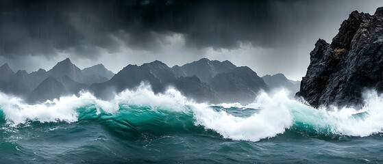 Waves Crashing Against Rocky Shoreline Under Stormy Skies with Distant Mountain Peaks Panorama