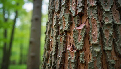 Intricate tree bark texture surrounded by lush greenery, nature's details