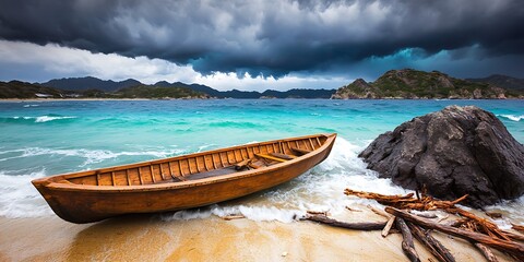 Weathered Wooden Boat on a Tropical Sandy Beach Under Dramatic Cloudy Sky Scenery and Mountainous Backdrop