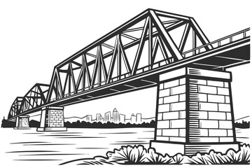 Steel bridge architecture spans across a river under a cloudy sky