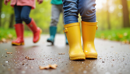 Children splashing joyfully in colorful rubber boots on rainy spring day, fun
