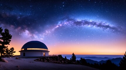 Astronomical observatory exploring milky way and starry night sky at sunset