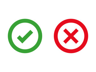 Tick and cross signs, yes and no buttons. Green tick OK and red X cross. YES and NO. False and true, correct and wrong. Approval and rejection signs vector file