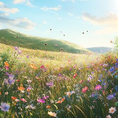 Whimsical Meadow Abuzz with Life Colorful Wildflowers Under a Sun Drenched Sky on a Perfect Summer Day