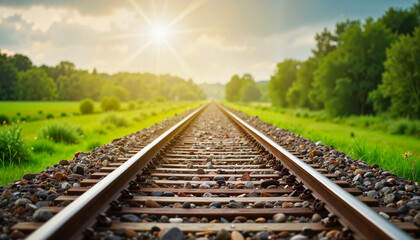 Obraz premium Scenic railway tracks under spring sunlight, vibrant countryside beauty