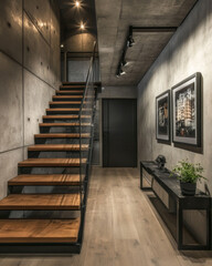 Abandoned old house interior with empty hallway, staircase, and worn walls