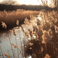 Whispers of Reed Grass Sun Kissed at Lake Shoreline Silhouette Serenity in Nature Scenery