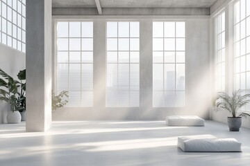 Fototapeta premium Sunlit minimalist loft interior with large windows, concrete walls, and plants.