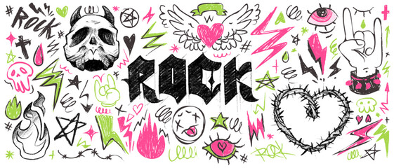 Set of punk rock style doodles - skull,heart with wings, flame and lightning bolts, horn gesture sketched by hand. Grunge freehand drawing collection for rebellious music design, underground poster.