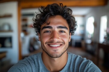 Happy hispanic millennial man making video call at home - Young guy taking a selfie smiling at camera indoor - People, vlog, influencers and dating online
