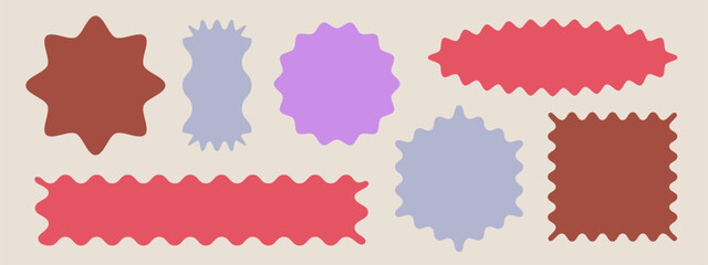 Color scallop edge frames set isolated on white background. Vector realistic illustration of round, square, star shape boxes with wavy borders, blank corrugated stamp labels, serrated sale badge