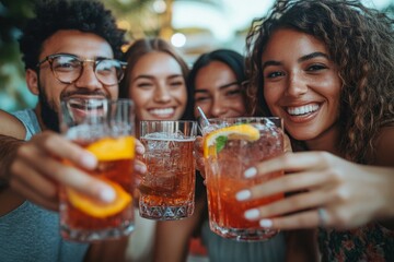 Multiracial friends having fun in backyard home party - Friendship concept with young people toasting cocktails at bar restaurant - Focus on glasses
