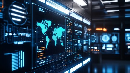 An AI powered cyber defense system monitoring global threats in a high tech security operations center, glowing digital firewall interface, real-time threat analysis dashboard