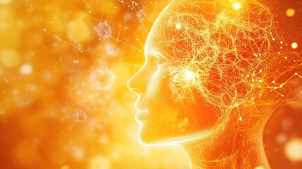 A vibrant orange radiates health, surrounded by abstract symbols of joy and mental well-being, evoking warmth and positivity.