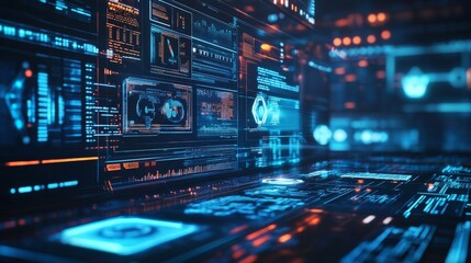 An AI powered cybersecurity system, analyzing real-time data for potential threats and providing instant alerts for security breaches in corporate networks, glowing security interface