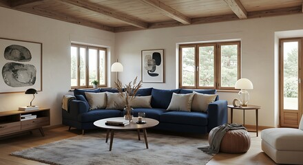 Scandinavian home interior design of modern living room. Stylish room with a dark blue sofa, neutral pillows, and modern decor creating a cozy and elegant atmosphere.