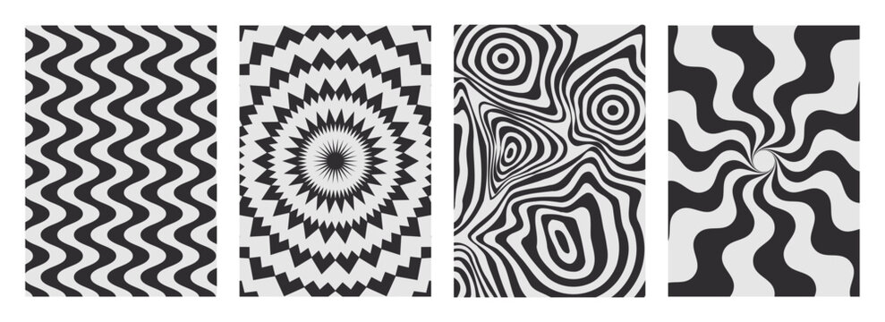 Optical illusion patterns set - abstract black and white designs with wavy lines, concentric circles and psychedelic swirls. Striped geometric ornaments, hypnotic spiral. Op art retro style textures.