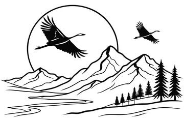 Black vector silhouette Mountain of an eagle flying, a wild bird with spread wings