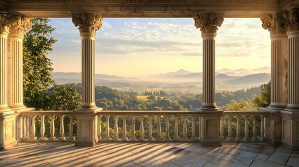 Majestic balcony overlooking sunrise valley landscape with classical columns